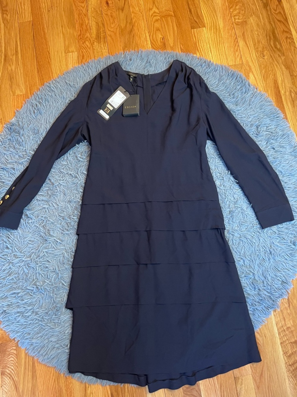 $1575 Escada Navy Layered Statement Buttons Midi Dress Size L NWT